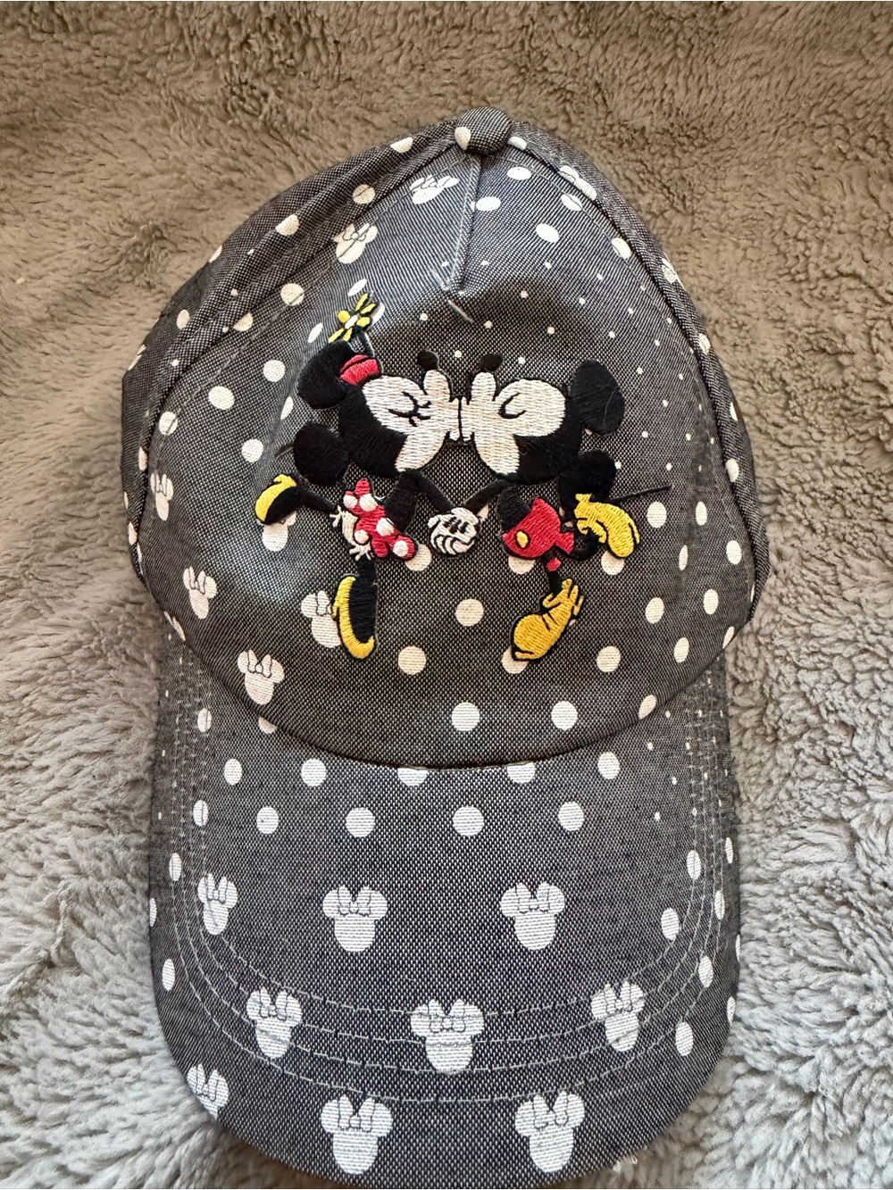 Disney Gray Polka Dot Minnie & Mickey Embroidered Baseball Cap